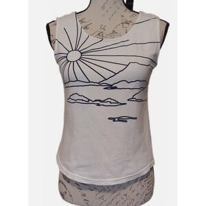 Vtg 90s Sun Cloud Graphic Tank Top Small Blue Line Art Striped Beach Coastal